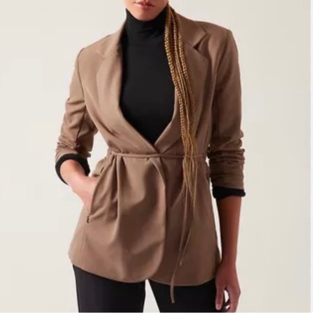 Athleta Endless Primatwill Blazer Jacket Pockets Rustic Beige SZ 6 Travel Tan